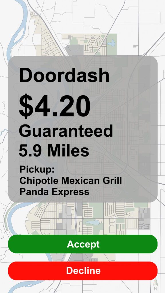 Doordash order recreated screenshot with a payout of $4.20 going 5.9 miles pickup from Chipotle Mexican Grill and Panda Express. Accept or Decline buttons.