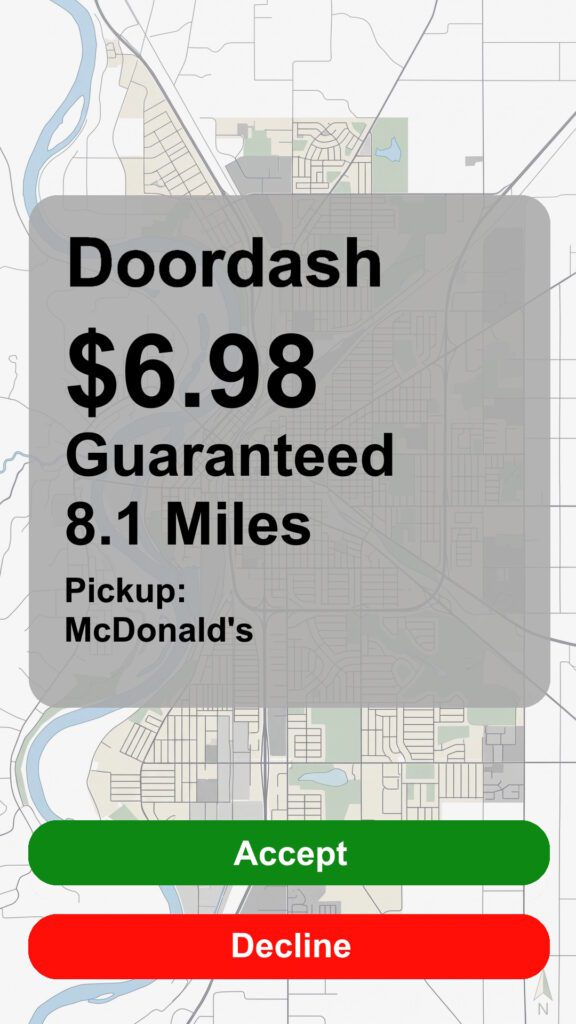 Doordash order recreated screenshot with a payout of $6.98 going 8.1 miles pickup from McDonald's. Accept or Decline buttons.
