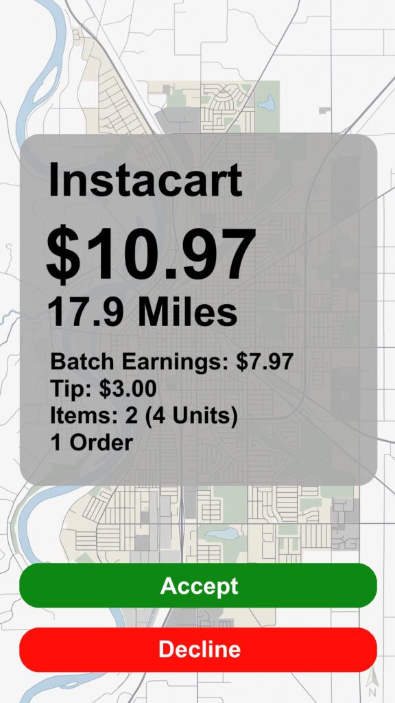 Instacart order screenshot with a payout of $10.97 going 17.9 Miles with 2 items, 4 units. Accept or Decline buttons.