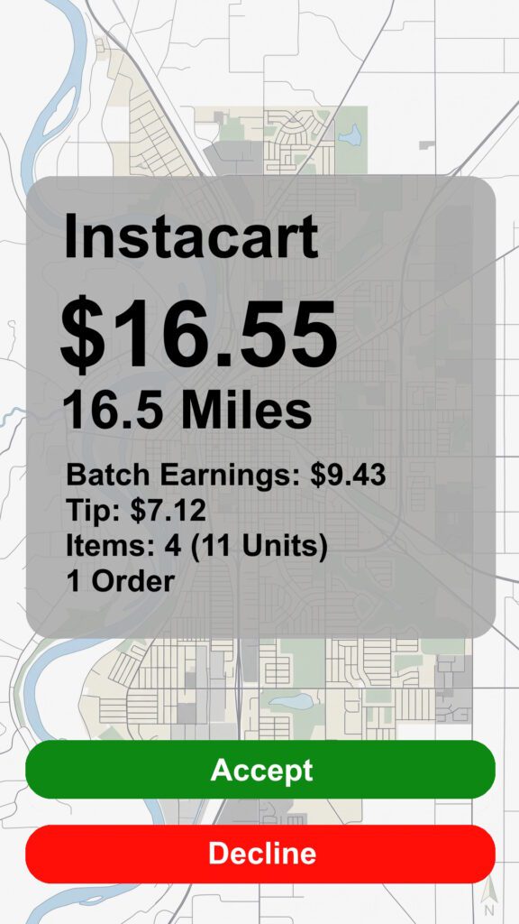 Instacart order screenshot with a payout of $16.55 going 16.5 Miles with 4 items, 11 units. Accept or Decline buttons.