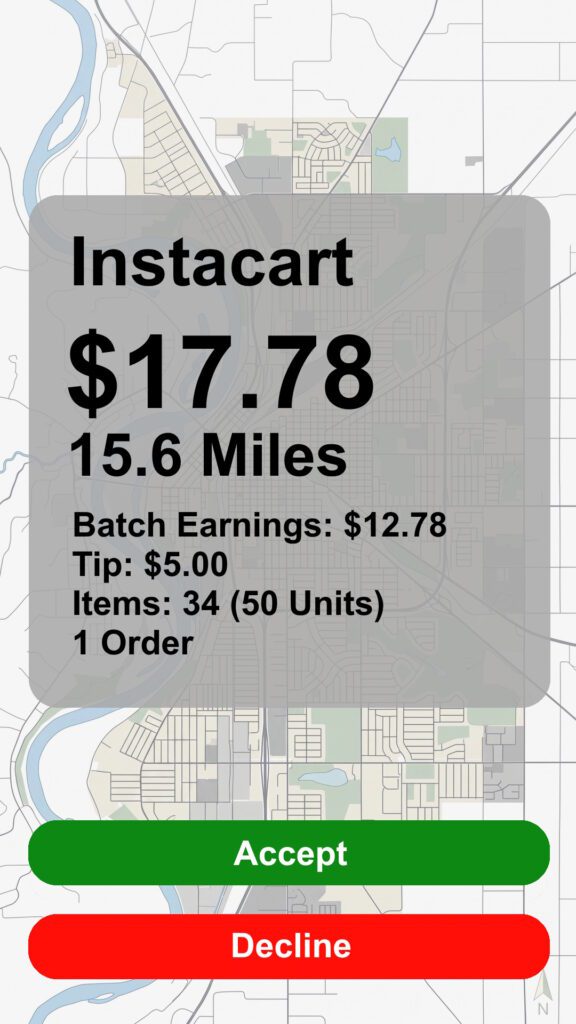 Instacart order recreated screenshot with a payout of $17.78 going 15.6 Miles with 34 items, 50 units. Accept or Decline buttons.