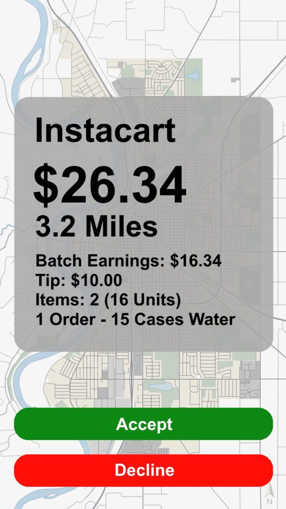 Instacart order recreated screenshot with a payout of $26.34 going 3.2 Miles with 2 items, 16 units that include 15 cases of water. Accept or Decline buttons.