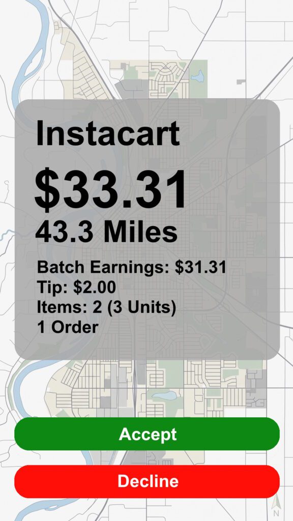Instacart order screenshot with a payout of $33.31 going 43.3 Miles with 2 items, 3 units. Accept or Decline buttons.