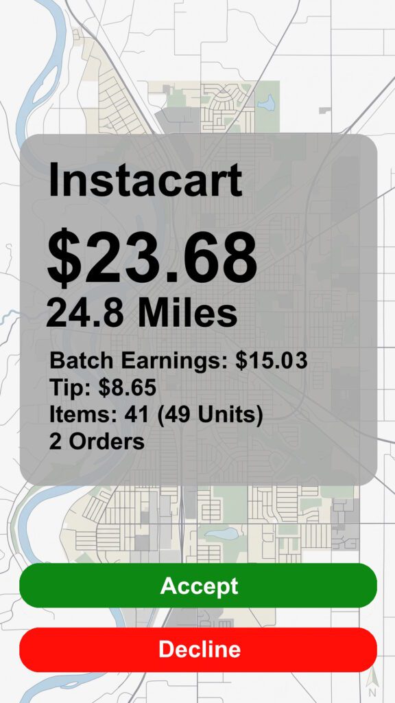 Instacart order screenshot with a payout of $23.68 going 24.8 Miles with 41 items, 49 units. Accept or Decline buttons.