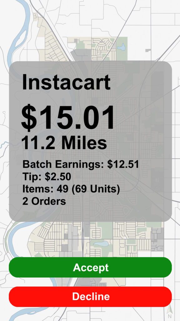 Instacart order recreated screenshot with a payout of $15.01 going 11.2 Miles with 49 items, 69 units, 2 orders. Accept or Decline buttons.