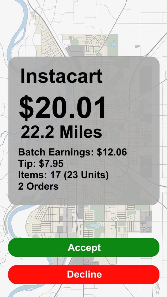 Instacart order recreated screenshot with a payout of $20.01 going 22.2 Miles with 17 items, 23 units, 2 orders. Accept or Decline buttons.