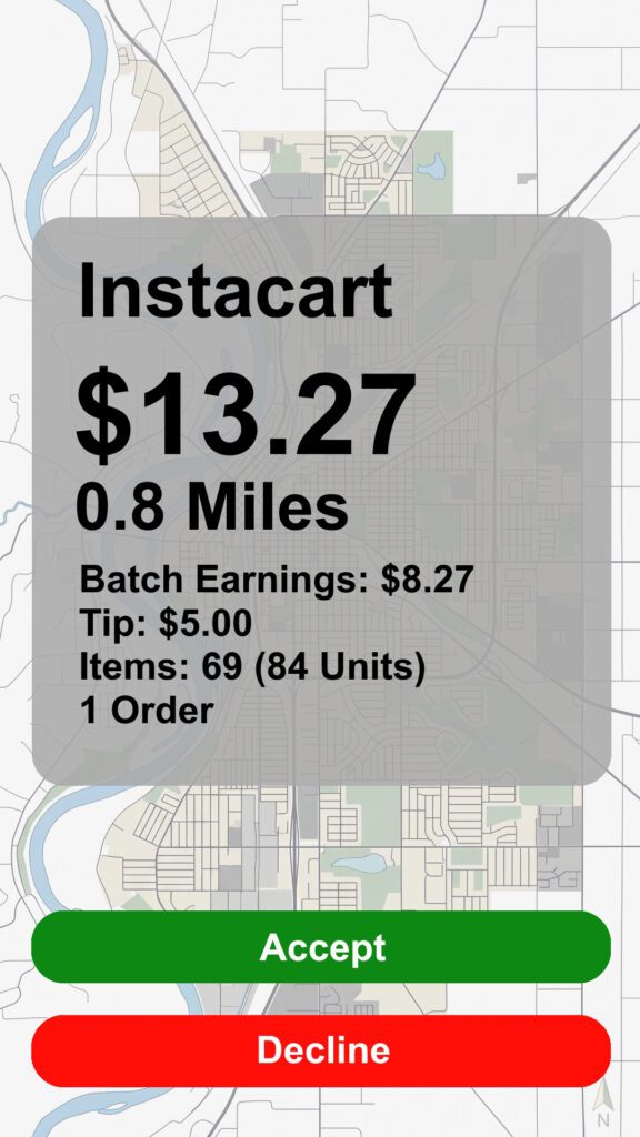 Instacart order screenshot with a payout of $13.27 going 0.8 Miles with 69 items, 84 units. Accept or Decline buttons.