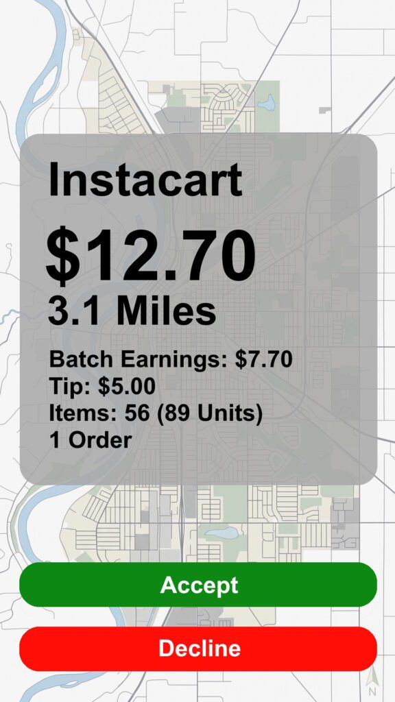 Instacart order recreated screenshot with a payout of $12.70 going 3.1 Miles with 56 items, 89 units. Accept or Decline buttons.