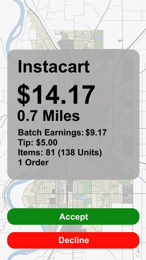 Instacart order screenshot with a payout of $14.17 going 0.7 Miles with 81 items, 138 units. Accept or Decline buttons.