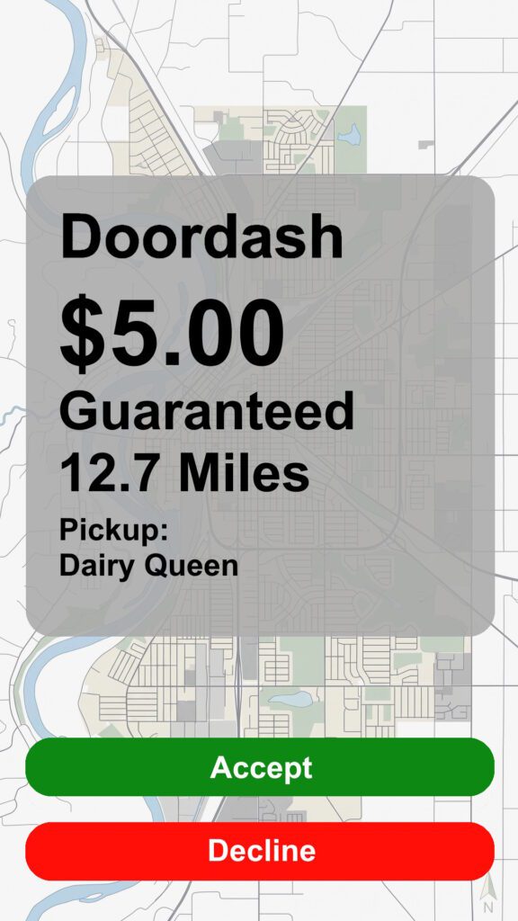 Doordash order recreated screenshot with a payout of $5.00 going 12.7 miles pickup from Dairy Queen. Accept or Decline buttons.