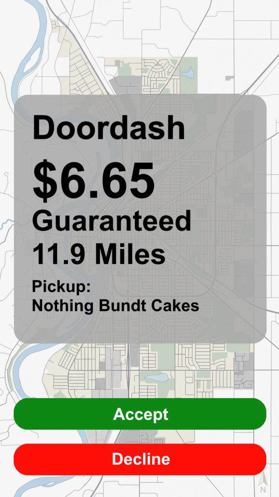 Doordash order recreated screenshot with a payout of $6.65 going 11.9 miles pickup from Nothing Bundt Cakes. Accept or Decline buttons.