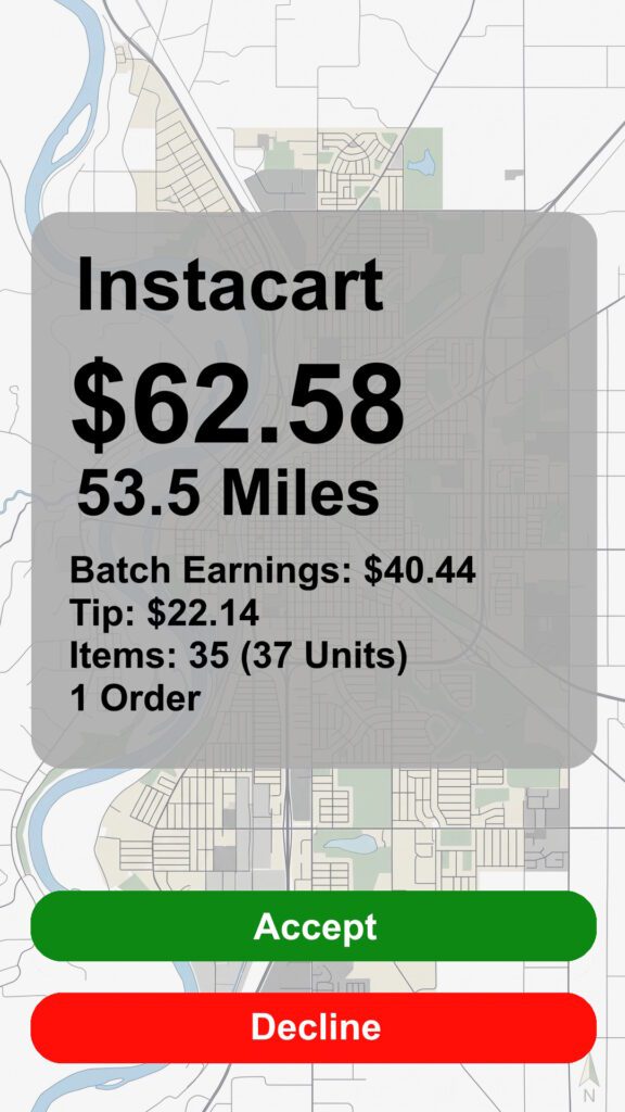 Instacart order recreated screenshot with a payout of $62.58 going 53.5 Miles with 35 items, 37 units. Accept or Decline buttons.