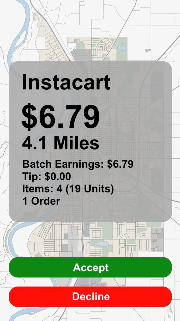 Instacart order recreated screenshot with a payout of $6.79 going 4.1 Miles with 4 items, 19 units. Accept or Decline buttons.