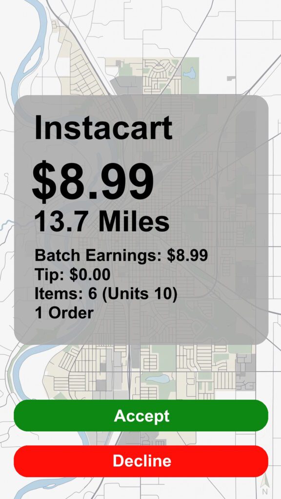 Instacart order recreated screenshot with a payout of $8.99 going 13.7 Miles with 6 items, 10 units. Accept or Decline buttons.