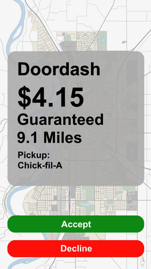 Doordash order recreated screenshot with a payout of $4.15 going 9.1 miles pickup from Chick-fil-A. Accept or Decline buttons.