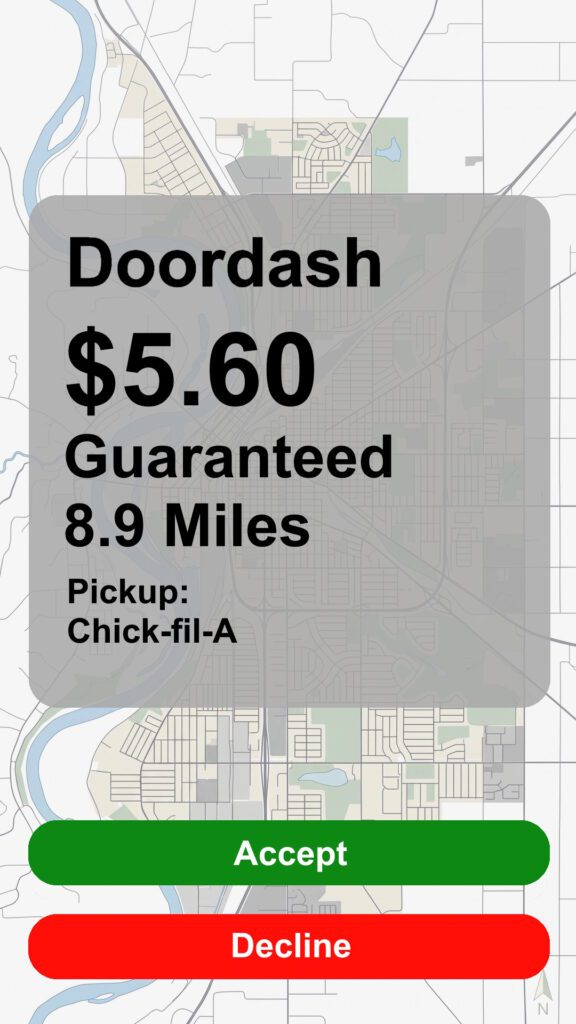 Doordash order recreated screenshot with a payout of $5.60 going 8.9 miles pickup from Chick-fil-A. Accept or Decline buttons.
