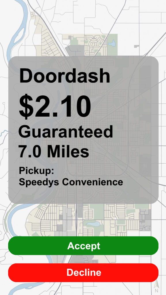 Doordash order recreated screenshot with a payout of $2.10 going 7.0 miles pickup from Speedys Convenience. Accept or Decline buttons.