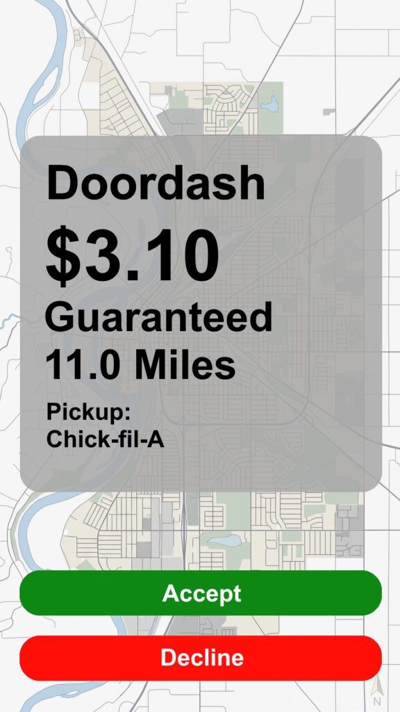 Doordash order recreated screenshot with a payout of $3.10 going 11.0 miles pickup from Chick-fil-A. Accept or Decline buttons.