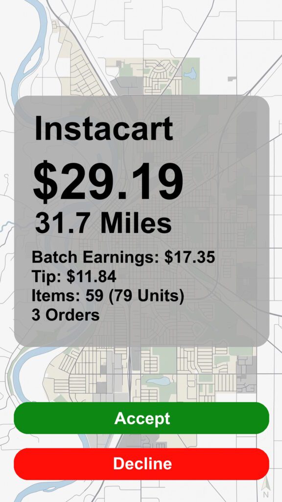 Instacart order recreated screenshot with a payout of $29.19 going 31.7 Miles with 59 items, 79 units, 3 orders. Accept or Decline buttons.