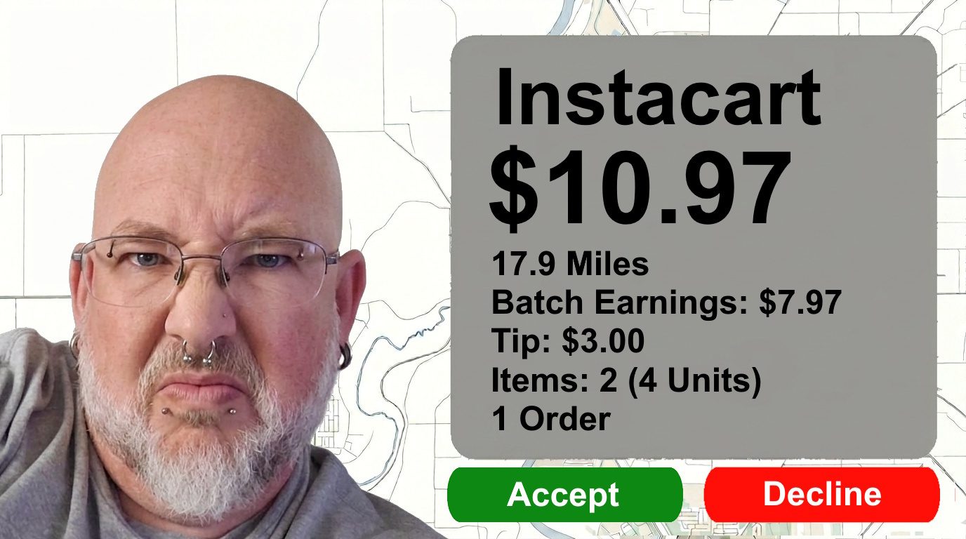 A bad Instacart order recreated screenshot with a payout of $10.97 going 17.9 miles with 2 items.